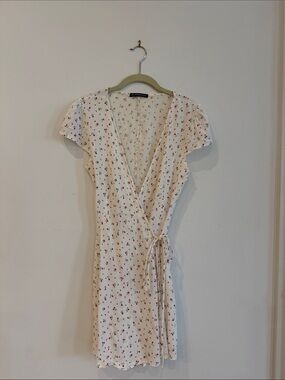 Brandy Melville Cream Mini Wrap Dress with Red Floral Ditsy Print